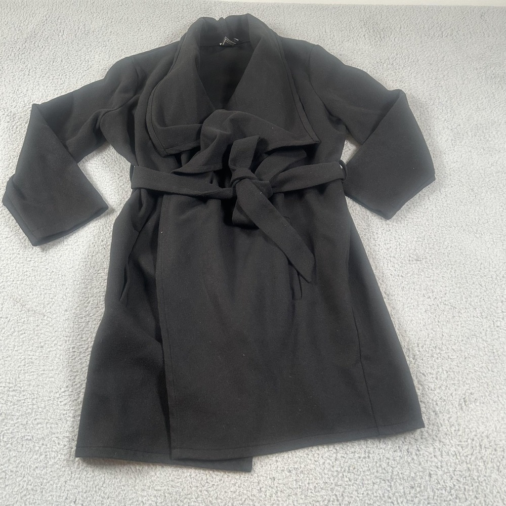 Lilian Coat Womens 1X Black Belted Wrap Overcoat Tie Waist Pockets Mid Length